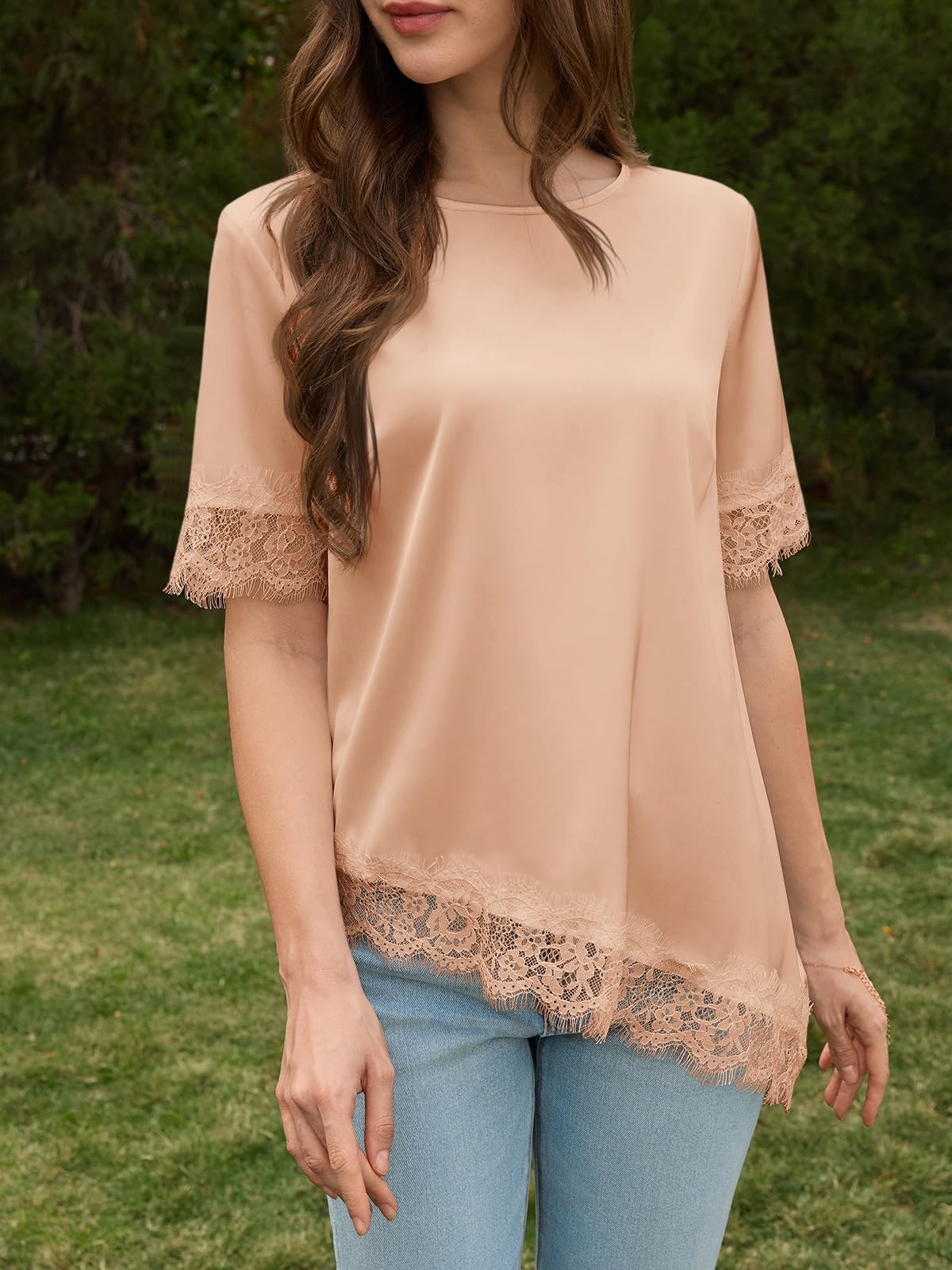 Women's Satin Short Sleeve Lace Trim Asymmetrical Blouse Tops