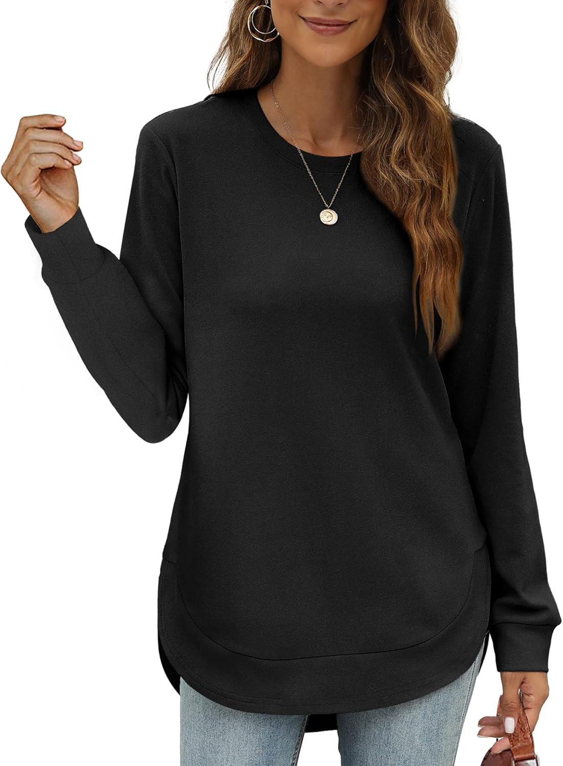 Womens Sweatshirt Crewneck Basic Long Sleeve Shirts High Low Tops Curved Hem