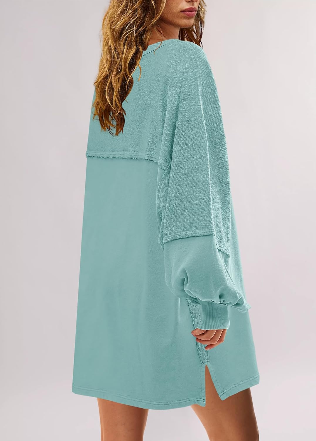 Women's Oversized Crewneck Patchwork Slit Sweatshirt Dress