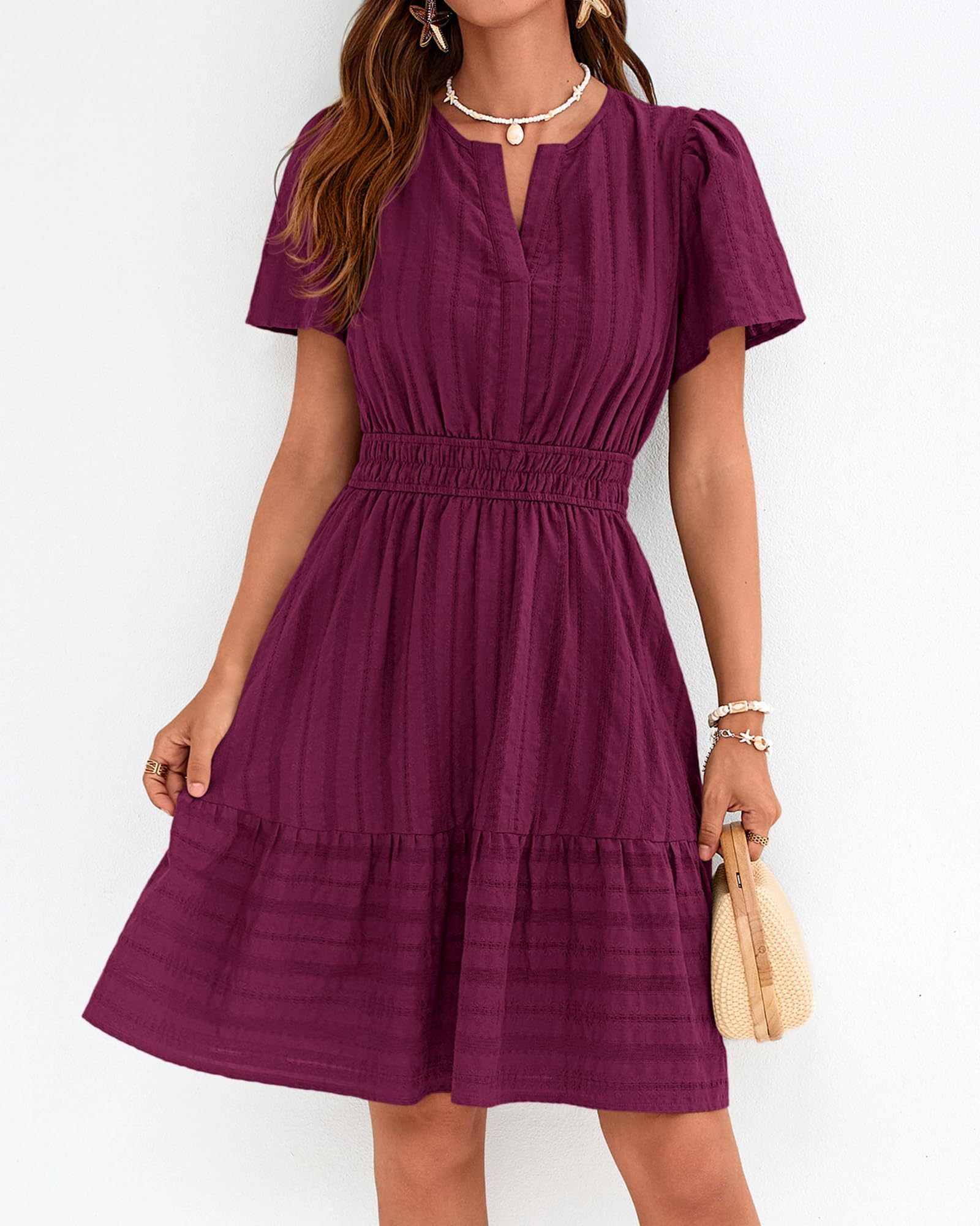 Women's Lightweight Short Sleeve V Neck Elastic Waist Mini Dress 