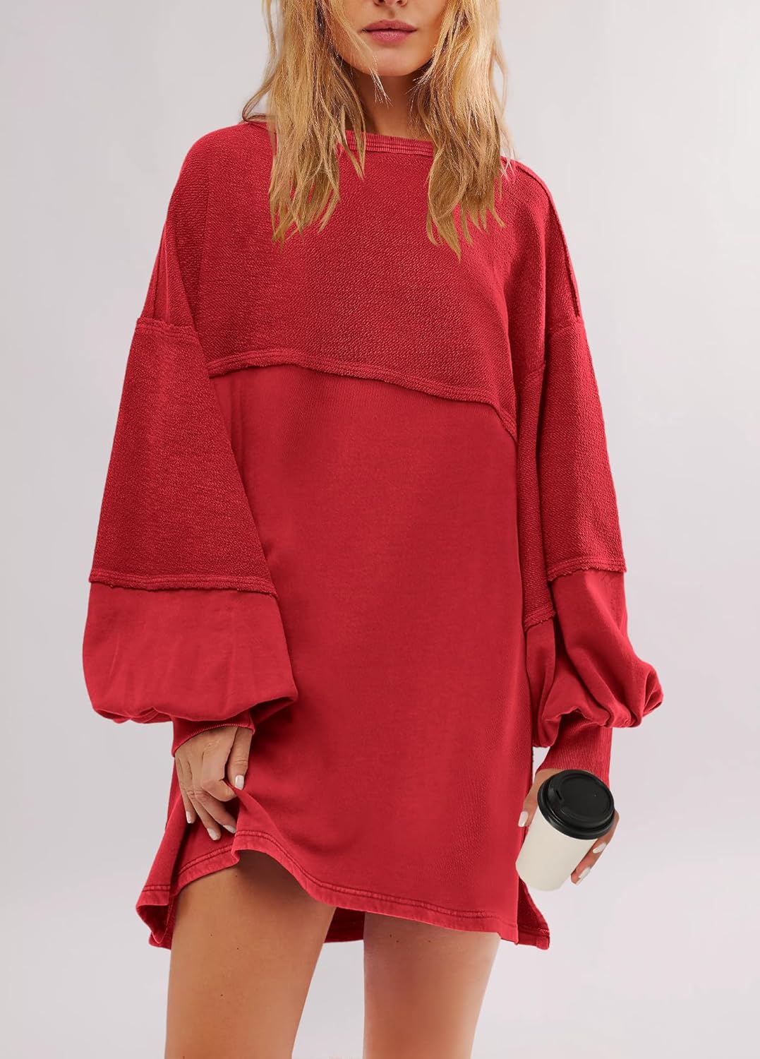 Women's Oversized Crewneck Patchwork Slit Sweatshirt Dress