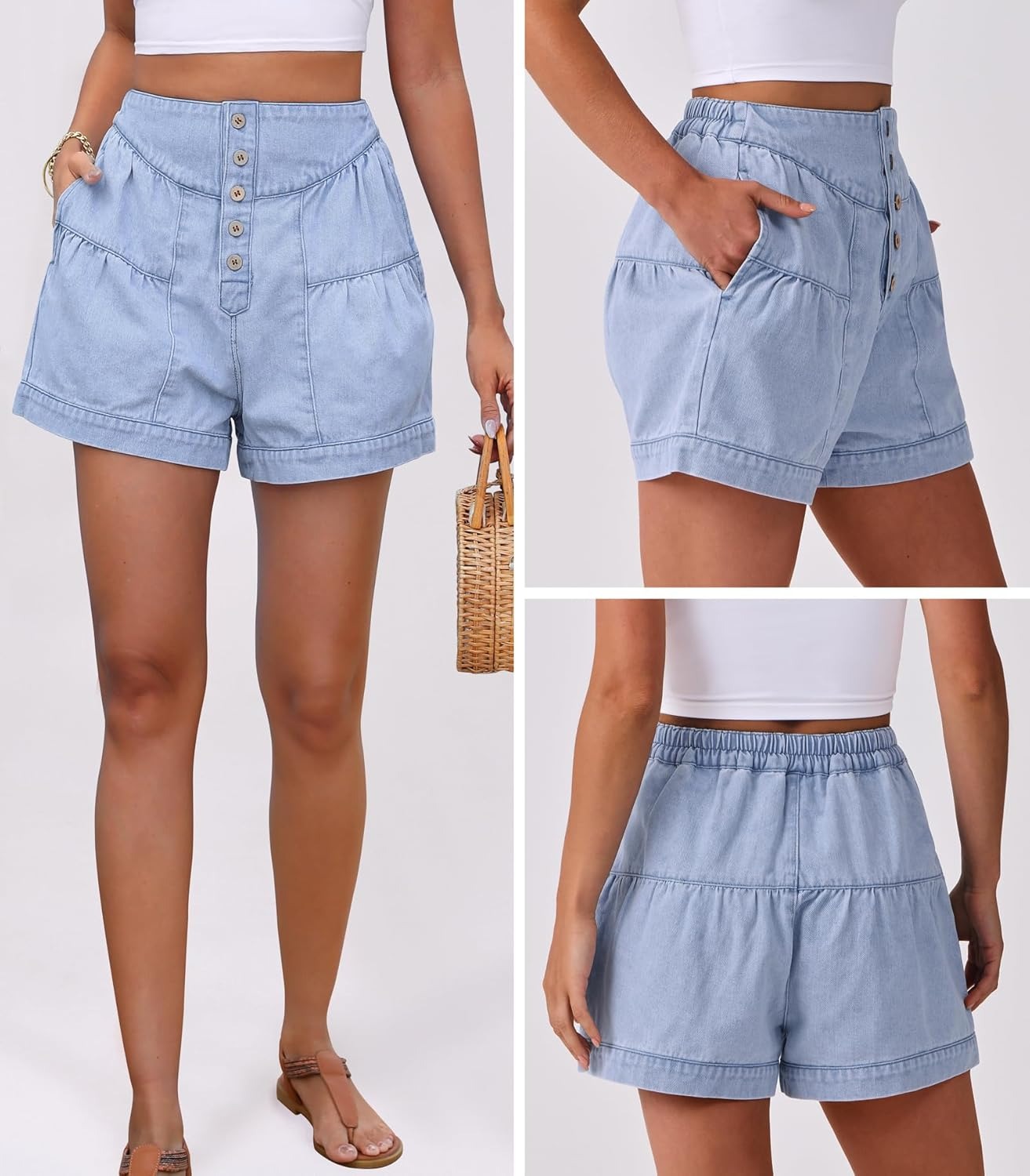Women's Summer Baggy Flowy Wide Leg Buttons Pleated Denim Shorts
