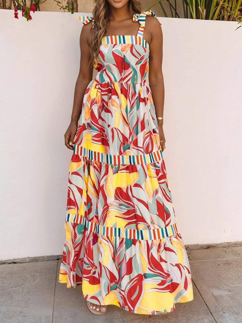 Women's Summer Sleeveless Strap Tie Floral Print Maxi Dress