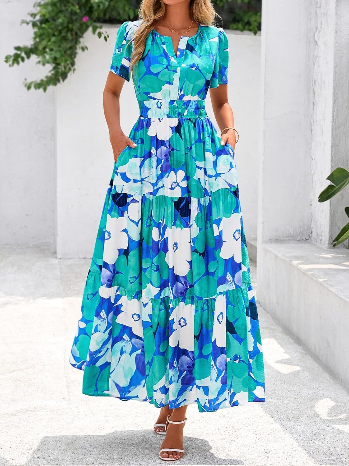 Women's Summer Floral Short Sleeve V Neck Elastic Waist Tiered Maxi Dress Pockets