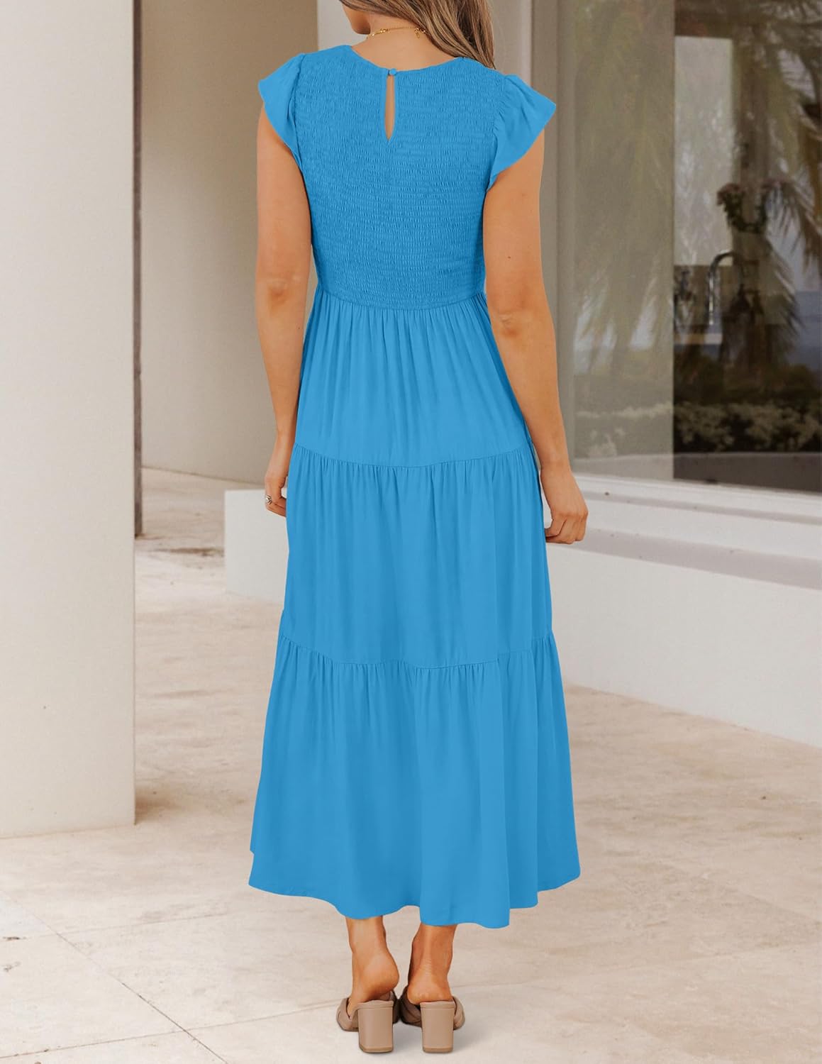 HOT SALE Women's Flutter Short Sleeve Crew Neck Smocked Elastic Waist Tiered Midi Dress