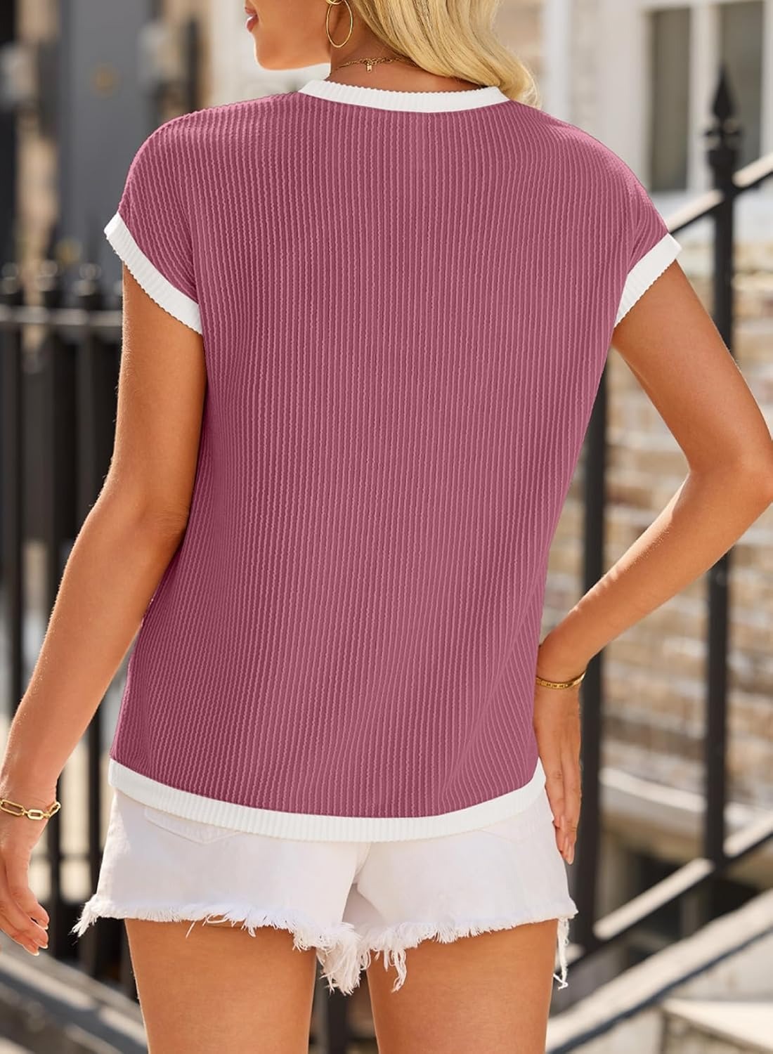 HOT SALE Women's Short Sleeve T Shirts Crewneck Color Block Ribbed Knit Tee