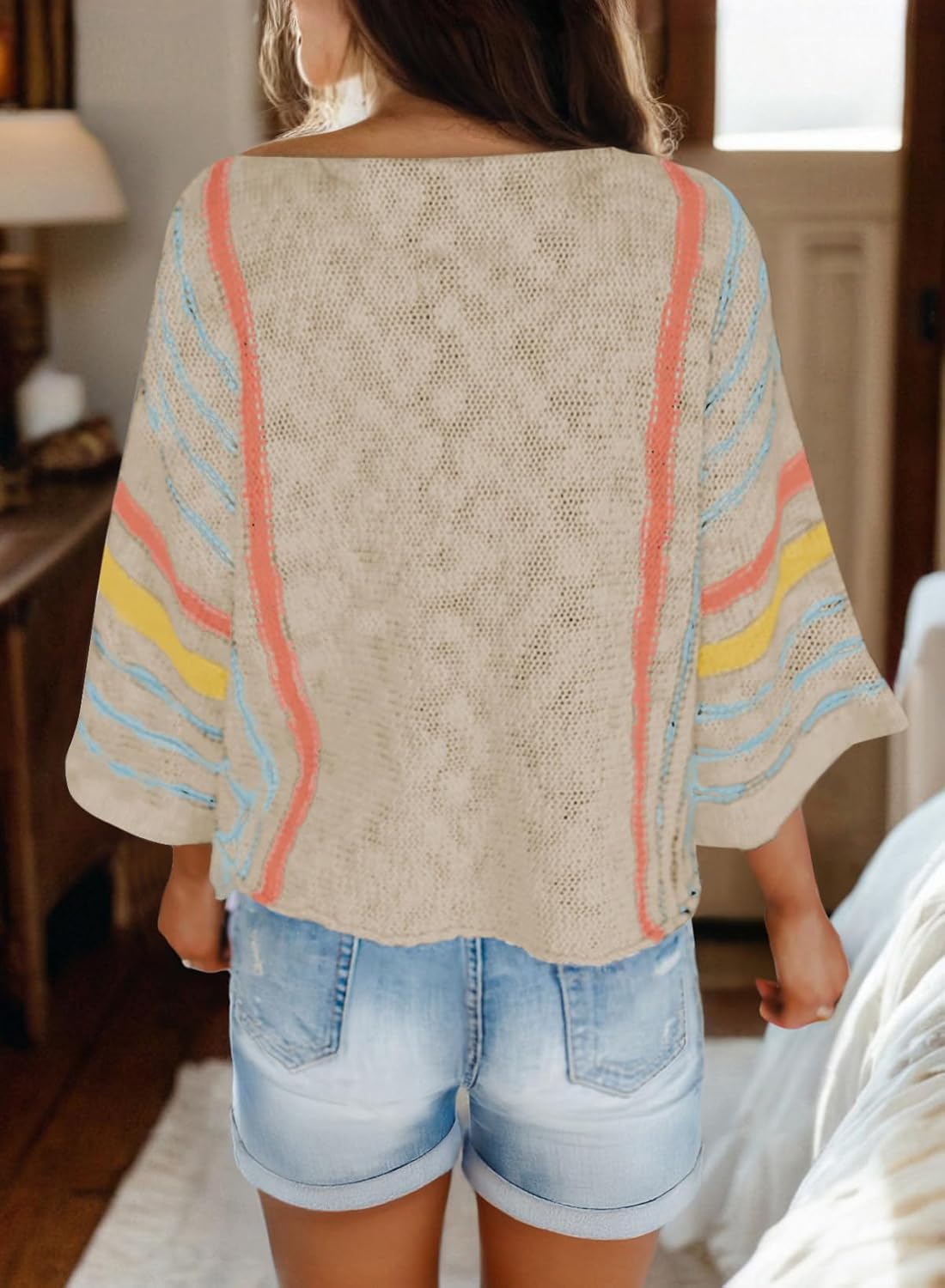 Women's Casual Color Block Striped Cable Knit Boho Sweater