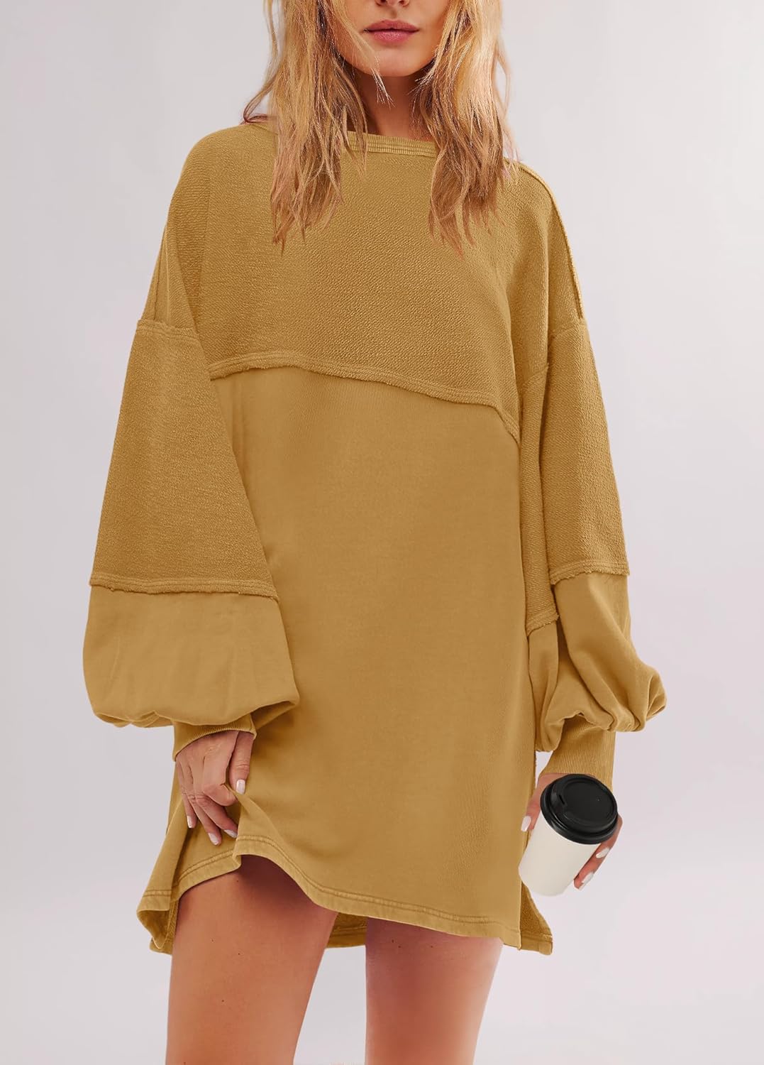 Women's Oversized Crewneck Patchwork Slit Sweatshirt Dress