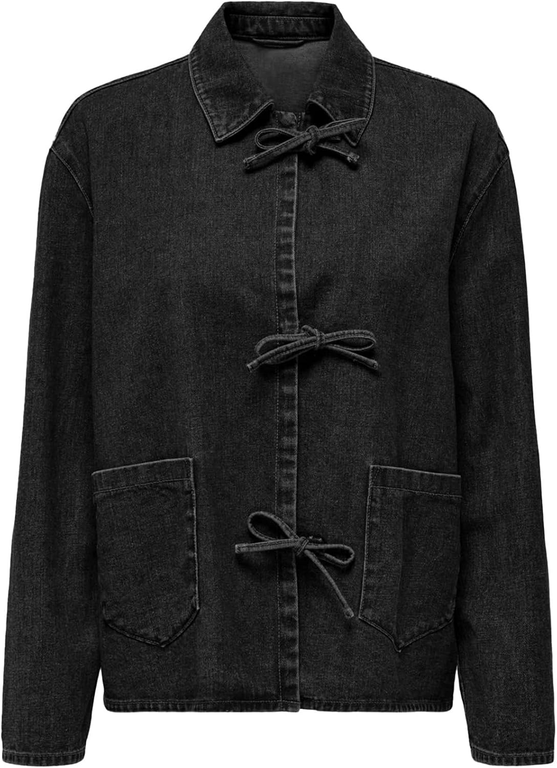 Women's Tie Bow Closure Loose Denim Jacket with Pockets