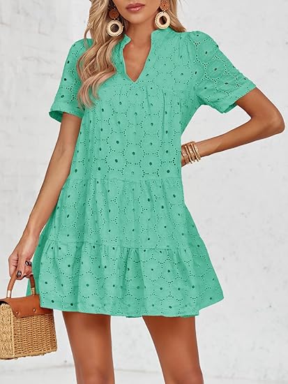 Womens Eyelet Casual Flowy Babydoll Swing Short Sleeve V Neck Tunic Dress