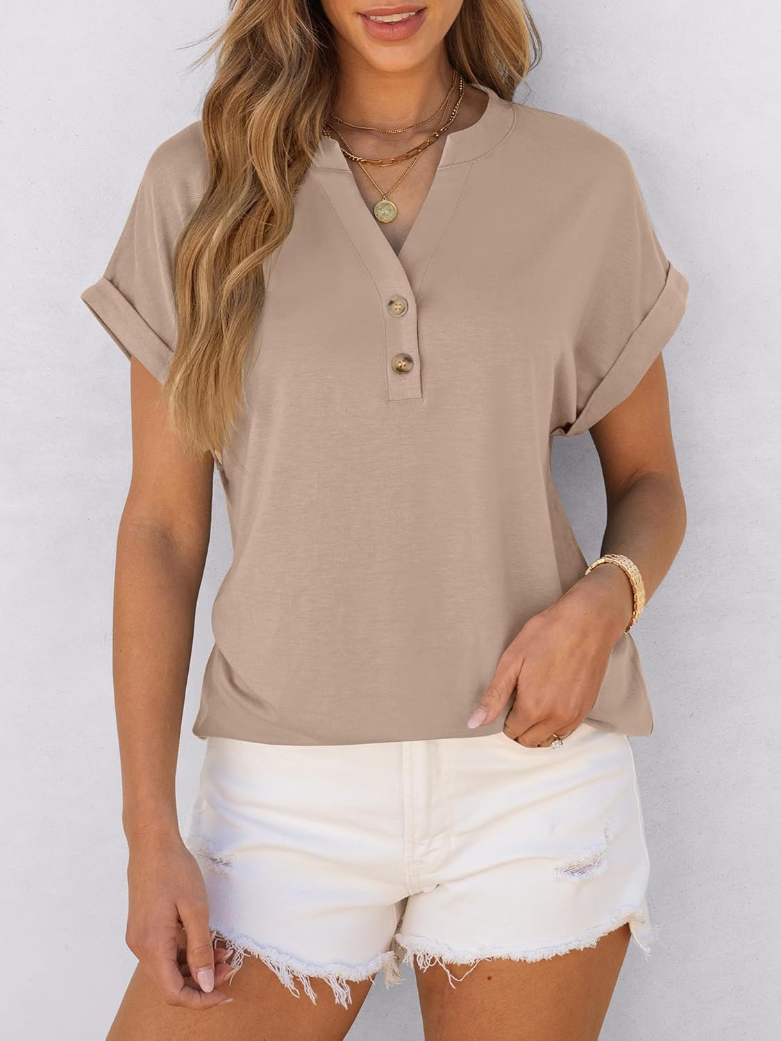 Women's V Neck Button Casual Loose Fit Short Sleeve Shirts Henley Tops
