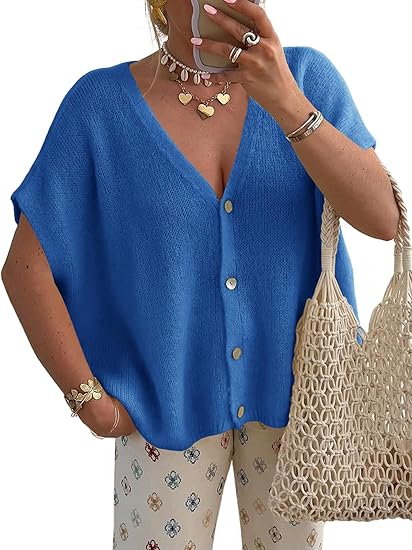 Womens Spring Oversized Cardigans Short Sleeve Lightweight Button Casual Knit Sweater Tops