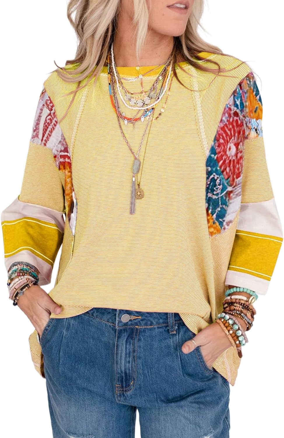2025 Spring Summer Crew Neck Oversized Striped Patchwork Shirts Blouse