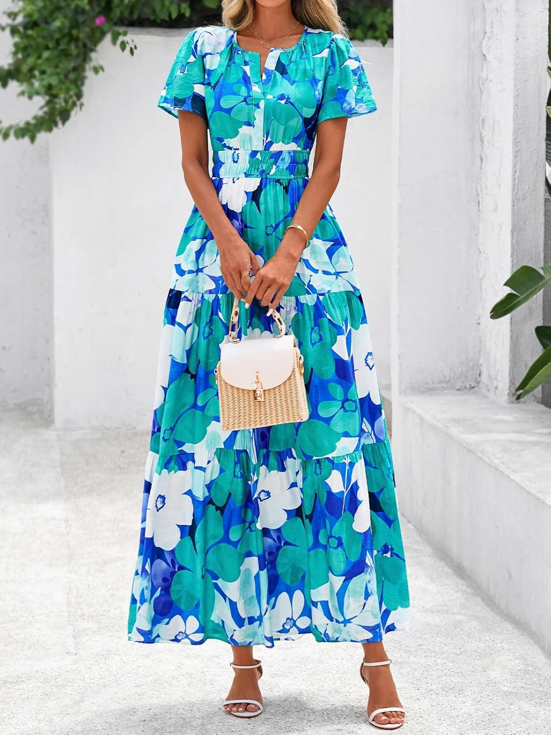 Women's Summer Floral Short Sleeve V Neck Elastic Waist Tiered Maxi Dress Pockets