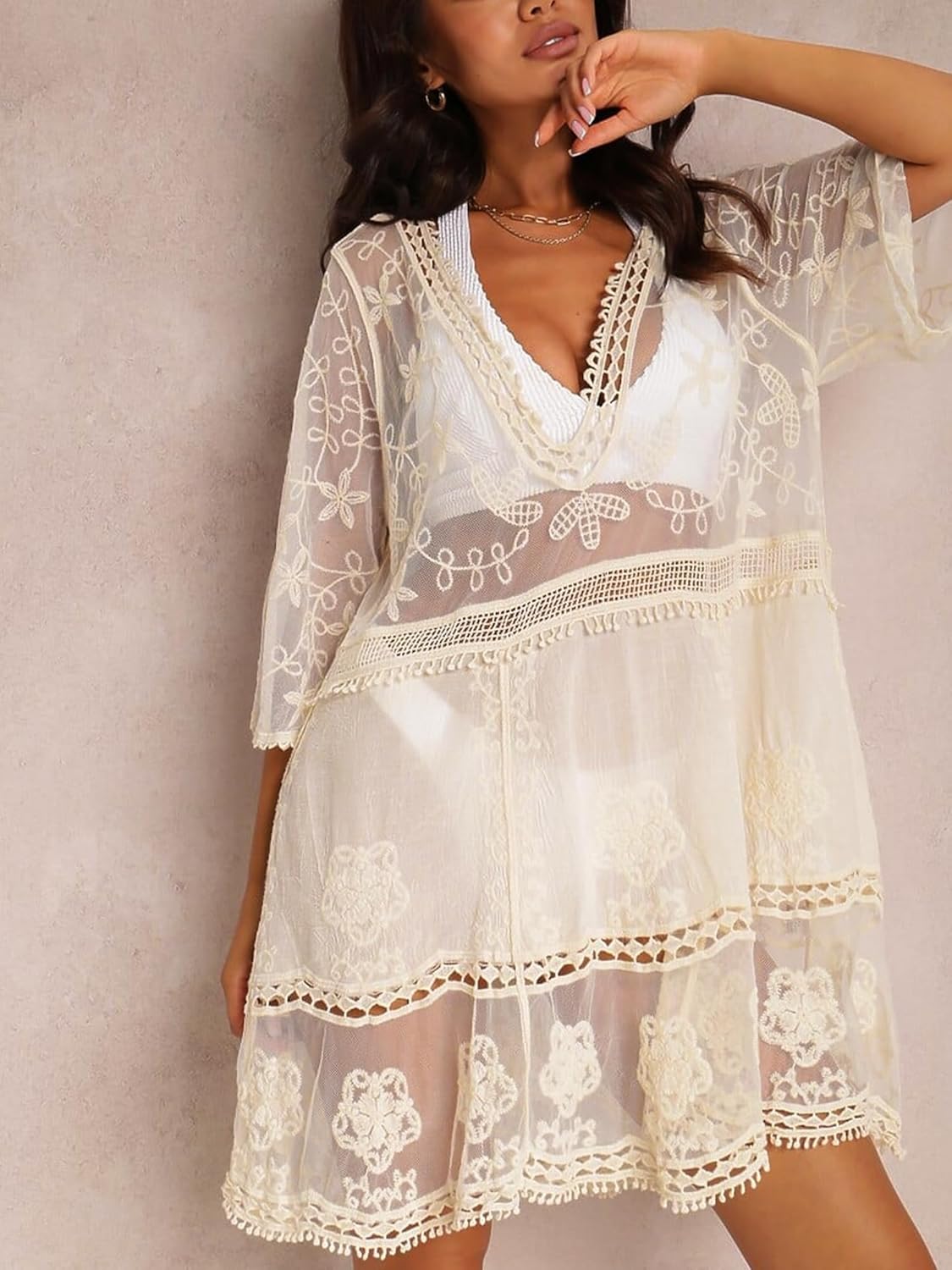 Women's Lace Bathing Suit Cover Up V-Neck Swimsuit Coverups