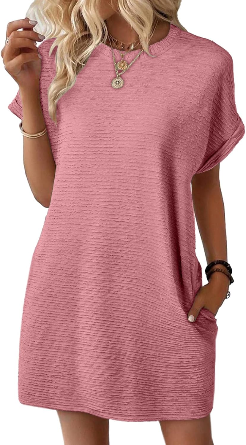 Womens  Short Sleeve Mini Dress Crewneck Solid Casual Beach Vacation Dresses