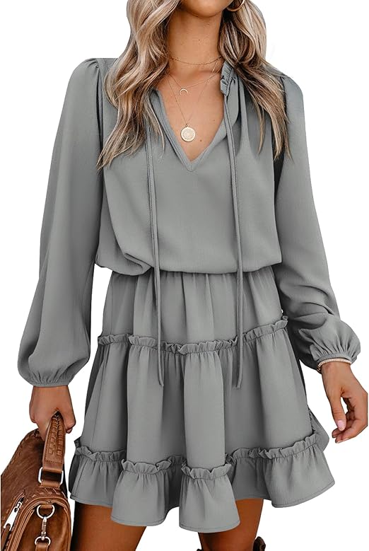 Women's Tie Neck High Waist Layered Ruffle Waist Mini Dress(BUY 2 FREE SHIPPING)