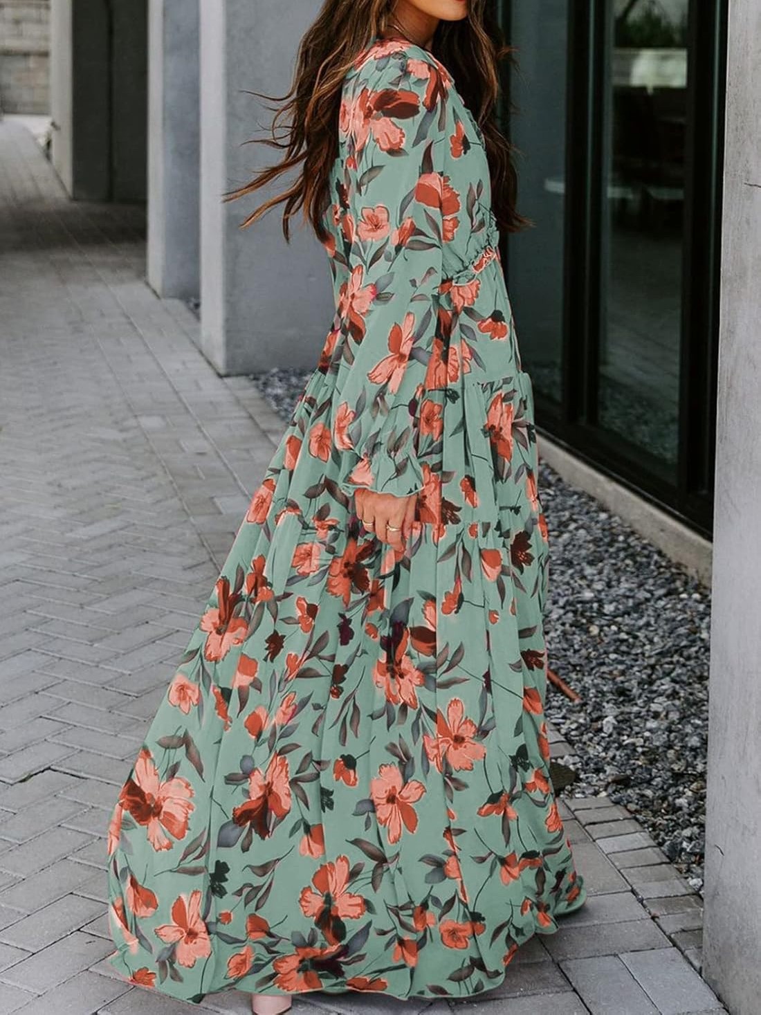 Women's Casual Boho Floral Printed V Neck Long Sleeve Dress