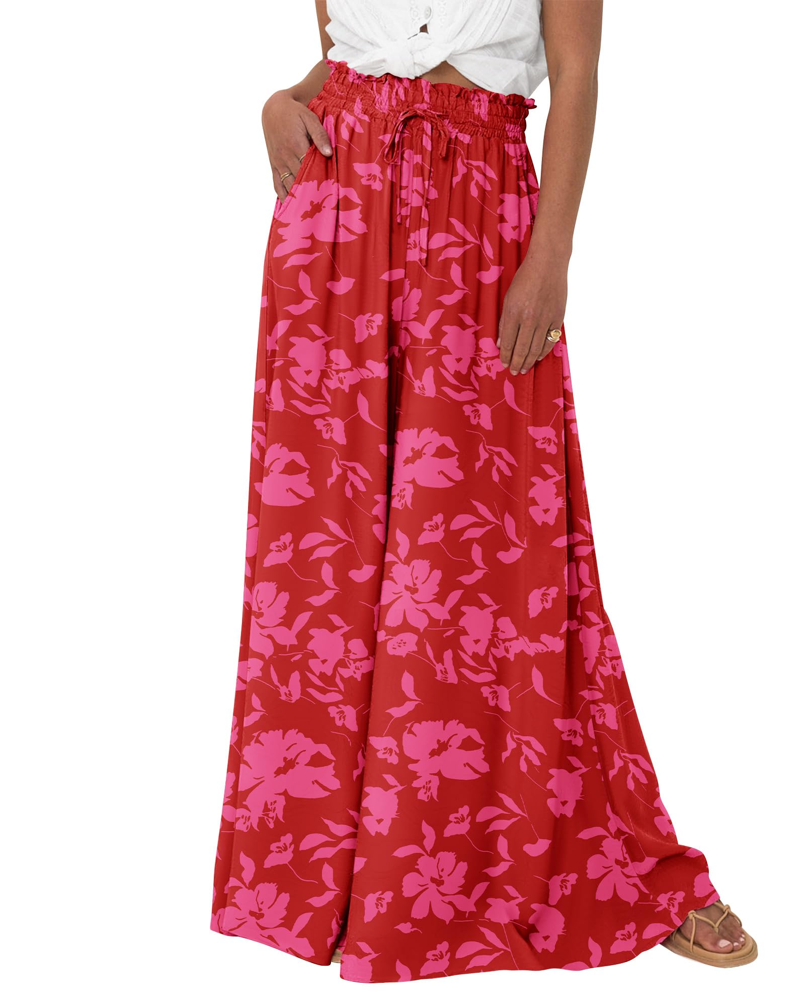 Women Casual Floral Solid High Waist Wide Leg  Pants 