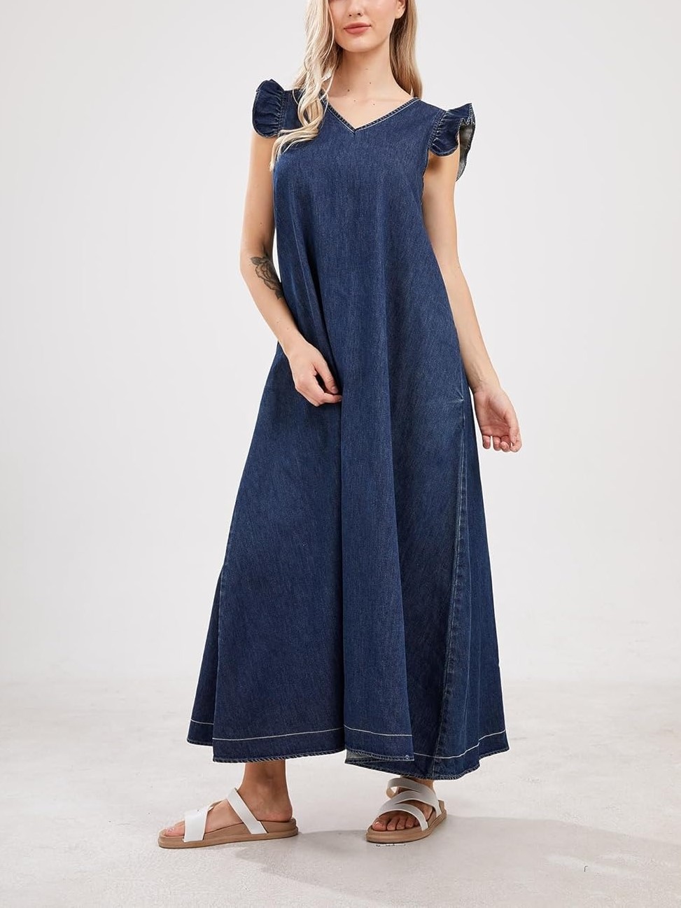 HOT SALE Women's Casual Loose Fit Ruffle Sleeveless V-Neck Denim Maxi Dress