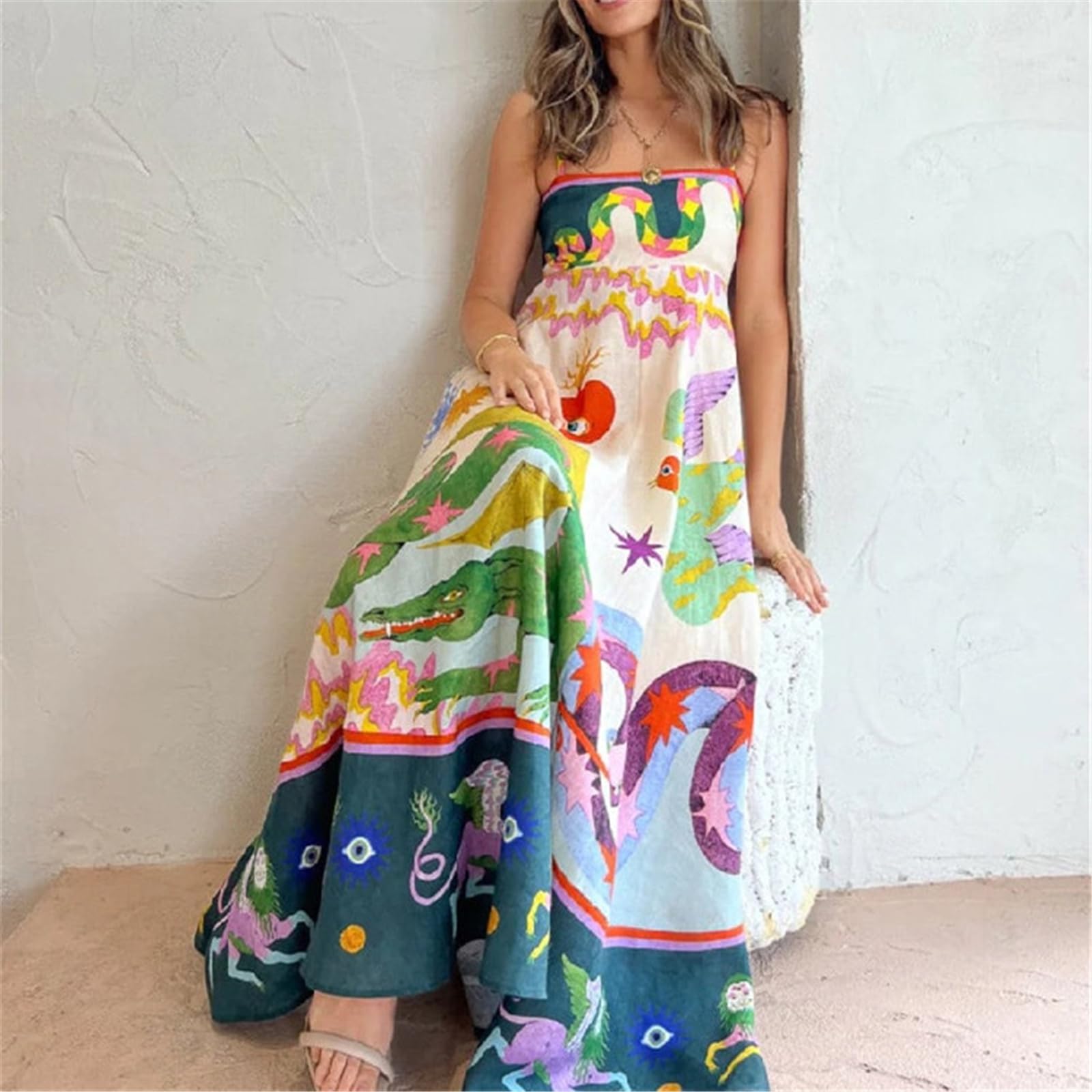 Women Boho Beach Spaghetti Strap Flowy Dress 