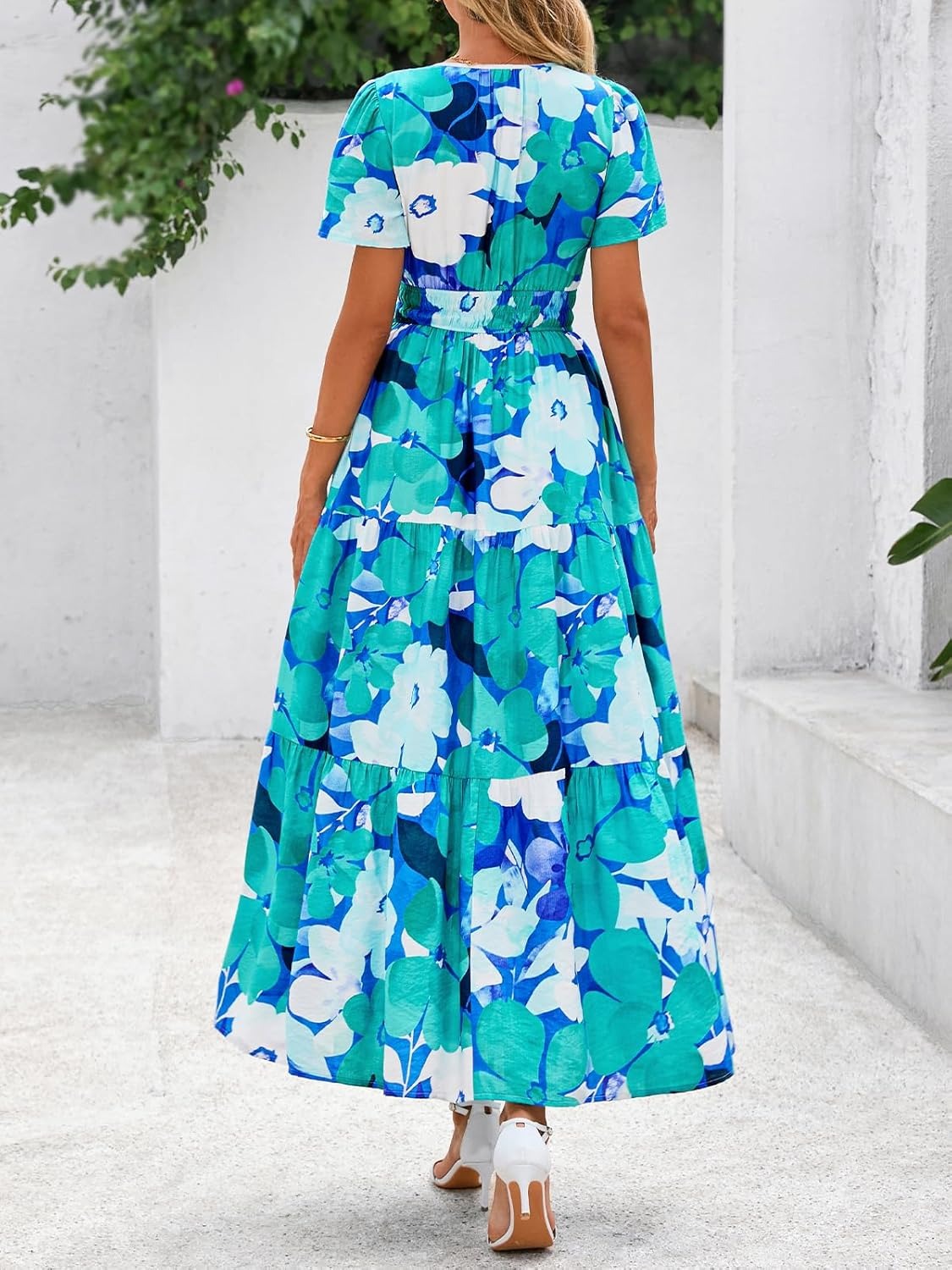 Women's Summer Floral Short Sleeve V Neck Elastic Waist Tiered Maxi Dress Pockets