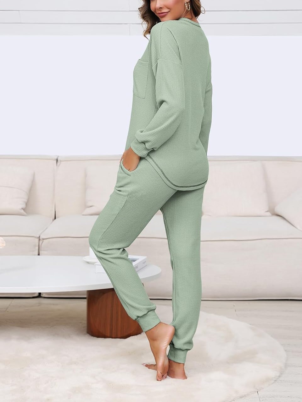 Women's V Neck Waffle Knit Sleepwear Top and Pant Lounge Sets