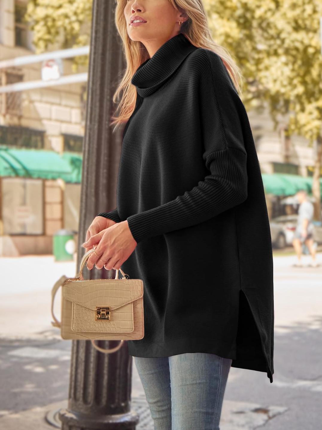 Women's Turtleneck Oversized  Spilt Hem Tunic  Sweaters