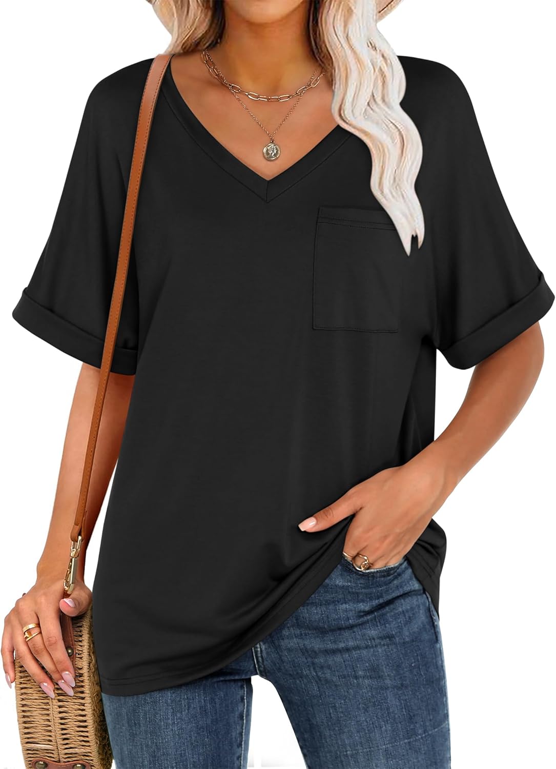 Women's Cute Oversized Short Sleeve Tops Basic Tee Shirts with Pocket(BUY 3 FREE SHIPPING)