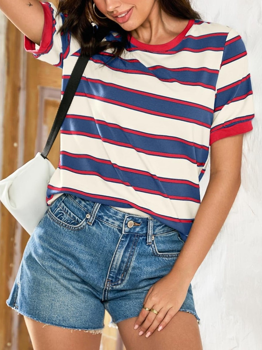 HOT SALE Women's Striped Color Block Short Sleeve T-Shirts Casual Loose Basic Tee