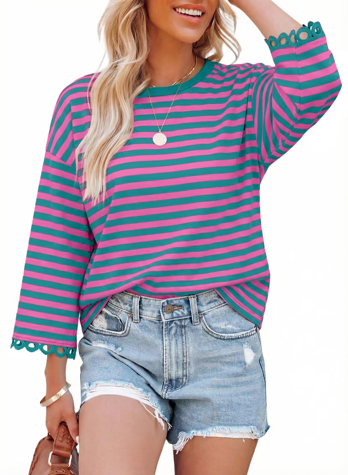 HOT SALE Women's Crewneck Striped Cute Color Block 3/4 Sleeve Blouse Top