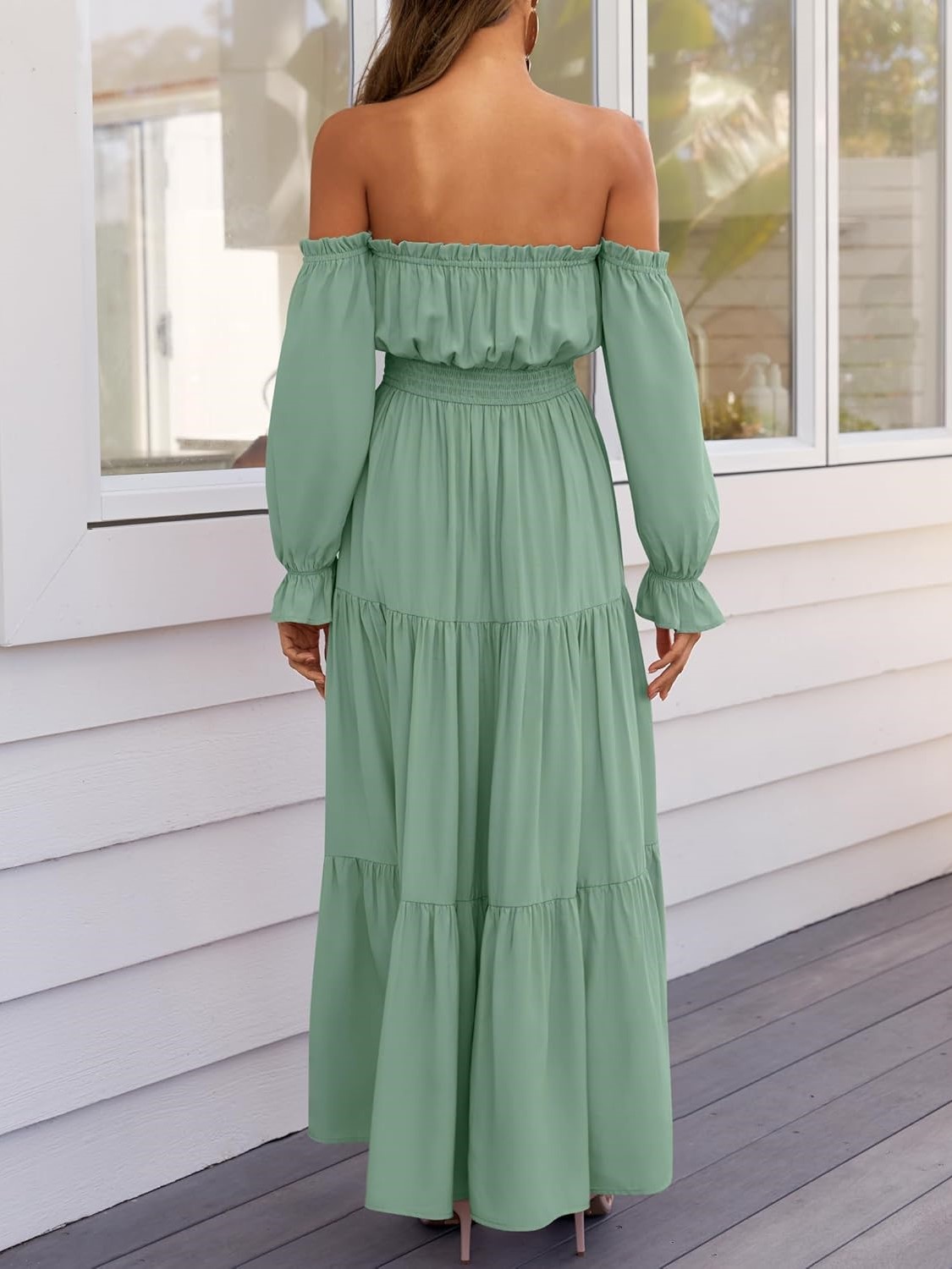 Women's Boho Sexy Off Shoulder Long Sleeve Smocked Side Split Tiered Maxi Dress
