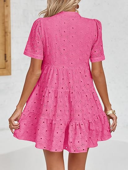 Womens Eyelet Casual Flowy Babydoll Swing Short Sleeve V Neck Tunic Dress