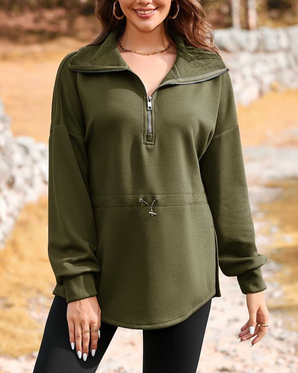 Half Zip Drawstring Waist Long Sleeve Pullover (Buy 2 Free Shipping)