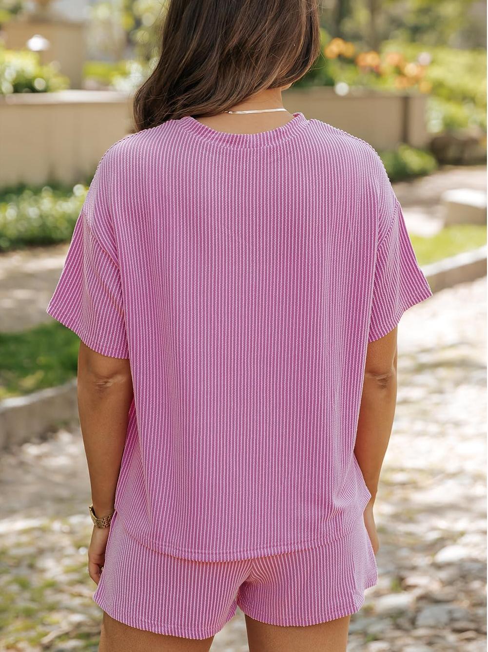 Women's Ribbed Textured Knit Loose Lounge Shorts 2 Piece Set