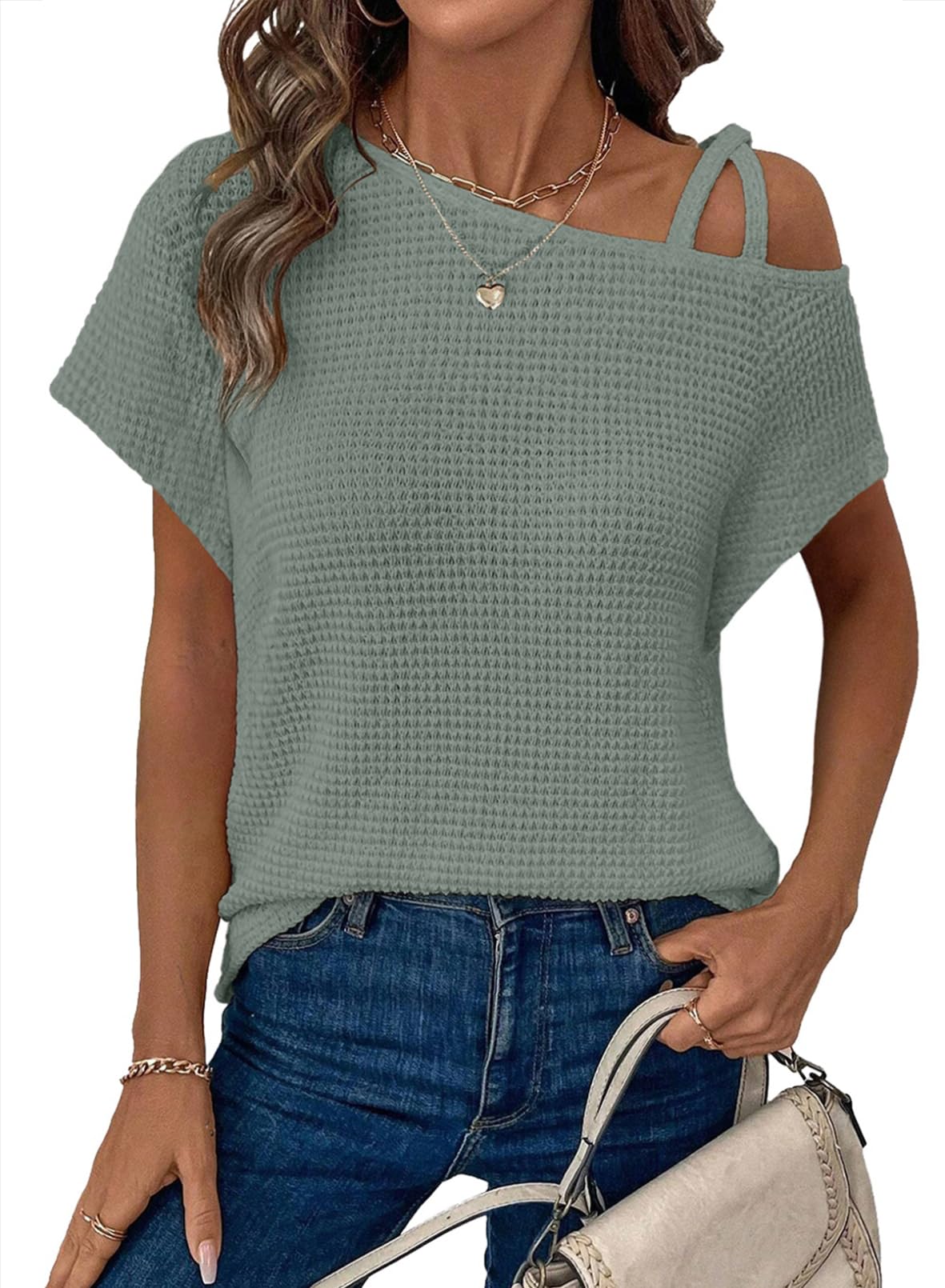 Womens Summer Tops Off One Shoulder Waffle Knit Short Sleeve T-Shirts