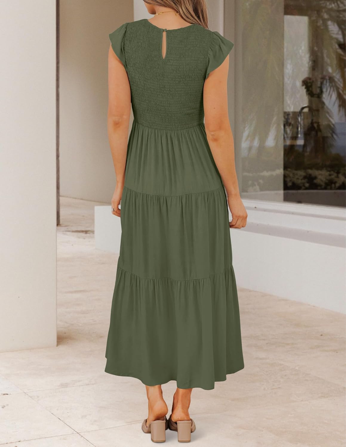 HOT SALE Women's Flutter Short Sleeve Crew Neck Smocked Elastic Waist Tiered Midi Dress