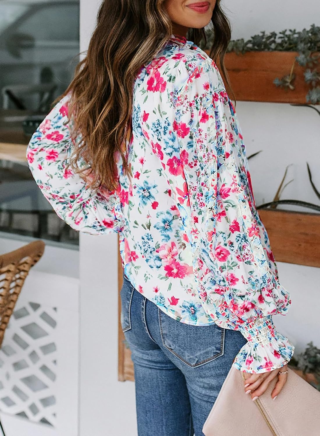 Women's Boho Floral Print V Neck Long Sleeve Drawstring Button Blouses
