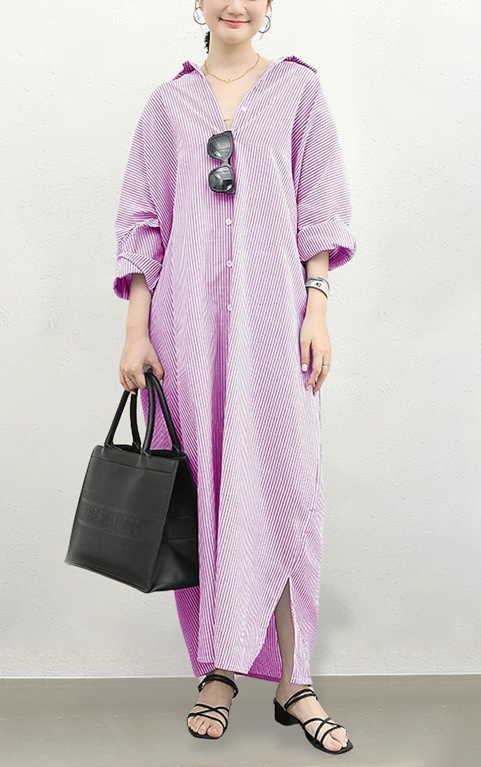 Women's Casual Button Down Loose Striped Cotton Maxi Shirt Dress