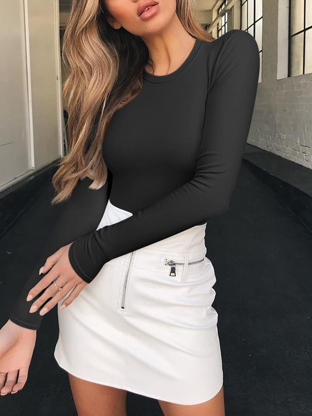 Womens Long Sleeve  Crew Neck Stretch Fitted Tee Shirts Tops