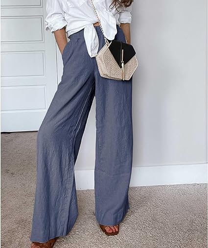 Women's Cotton Linen Drawstring Stretch Waist Wide Leg Pants