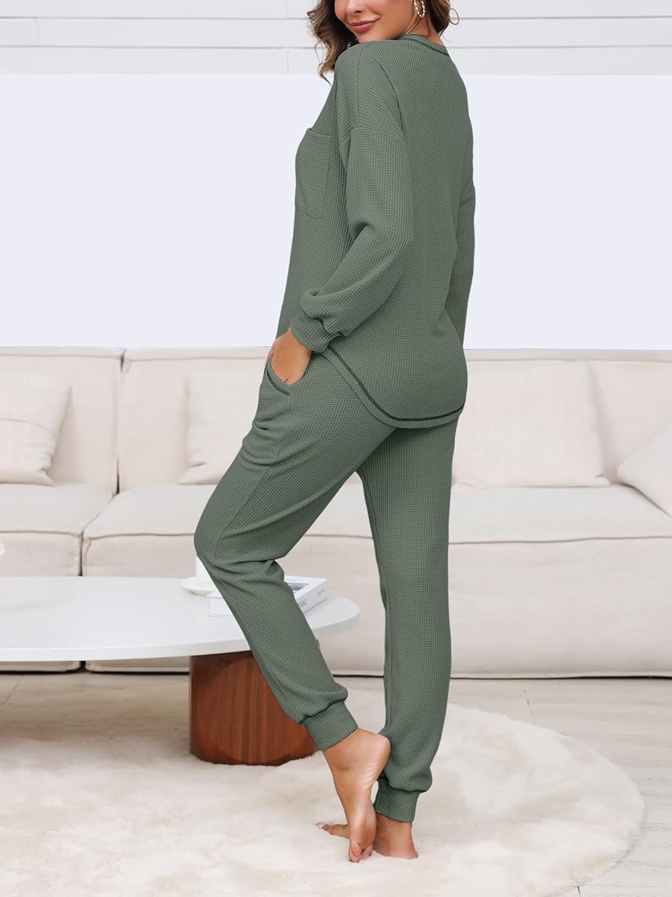 Women's V Neck Waffle Knit Sleepwear Top and Pant Lounge Sets