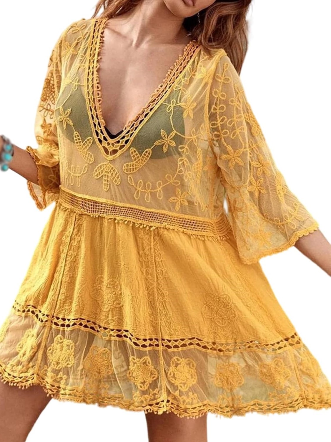 Women's Lace Bathing Suit Cover Up V-Neck Swimsuit Coverups