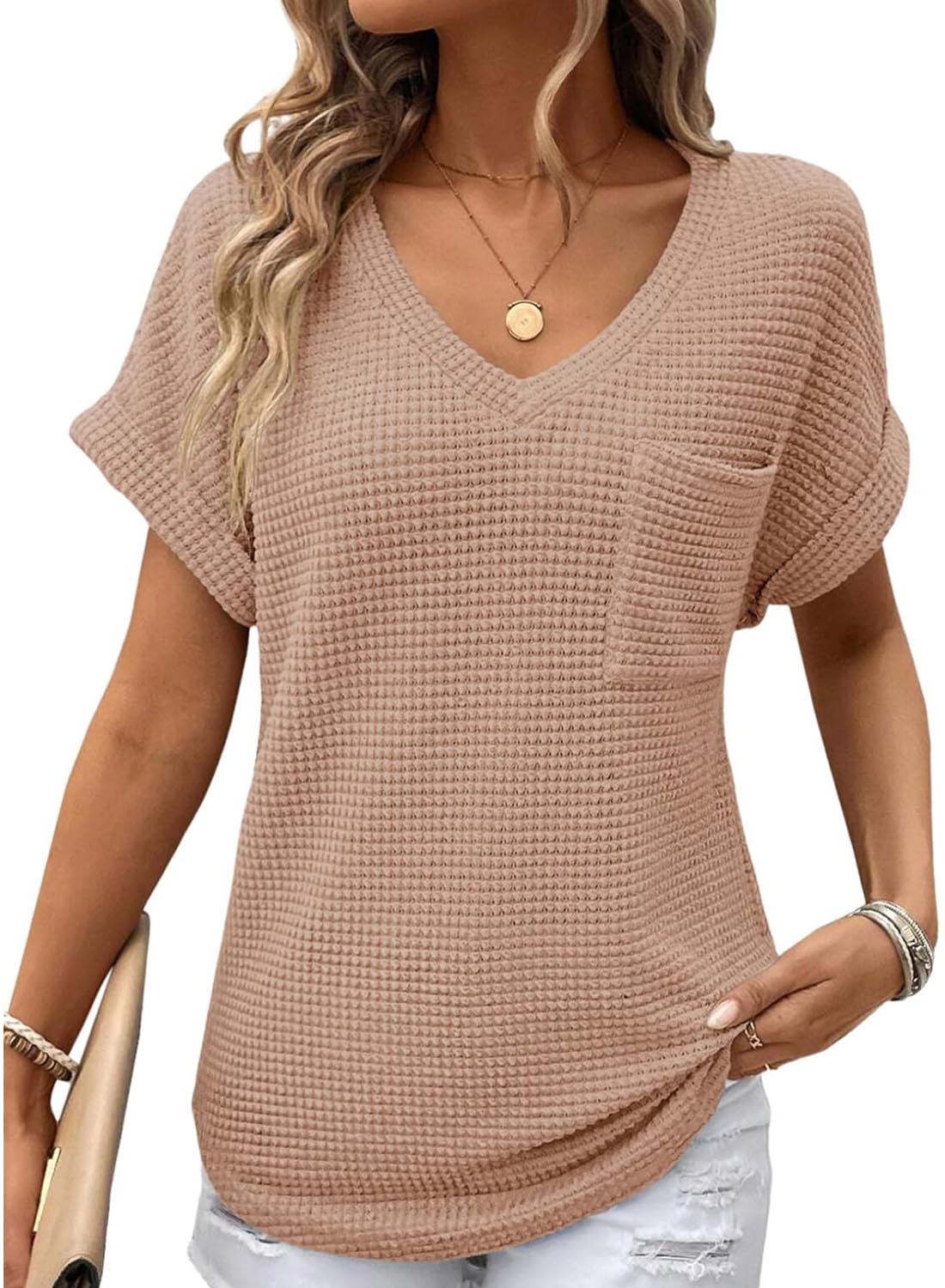 Women's Oversized Waffle V Neck Short Sleeve Casual Top(BUY 2 FREE SHIPPING)