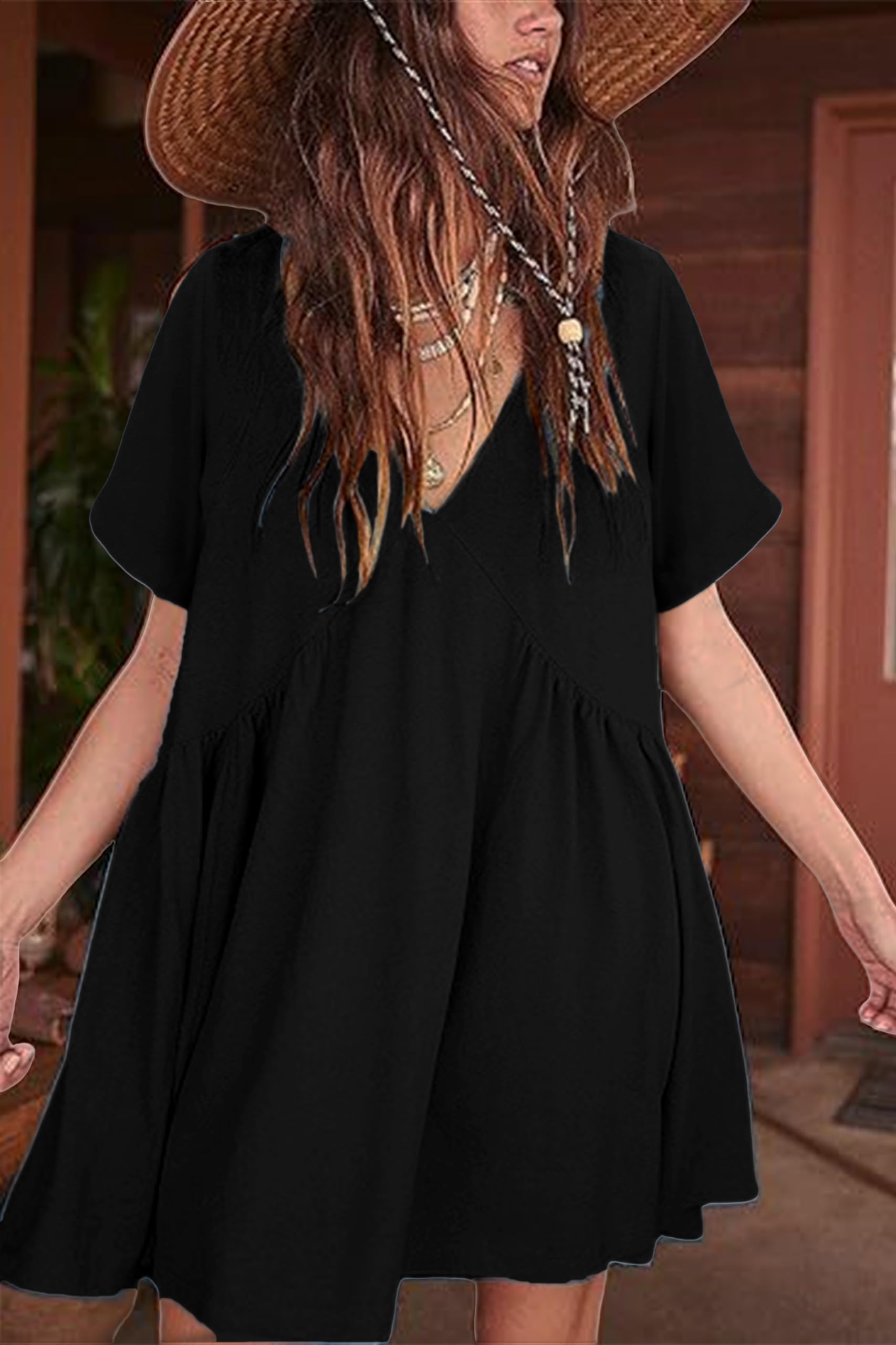 Womens  Casual Short Sleeve Swing Sundress with Pocket