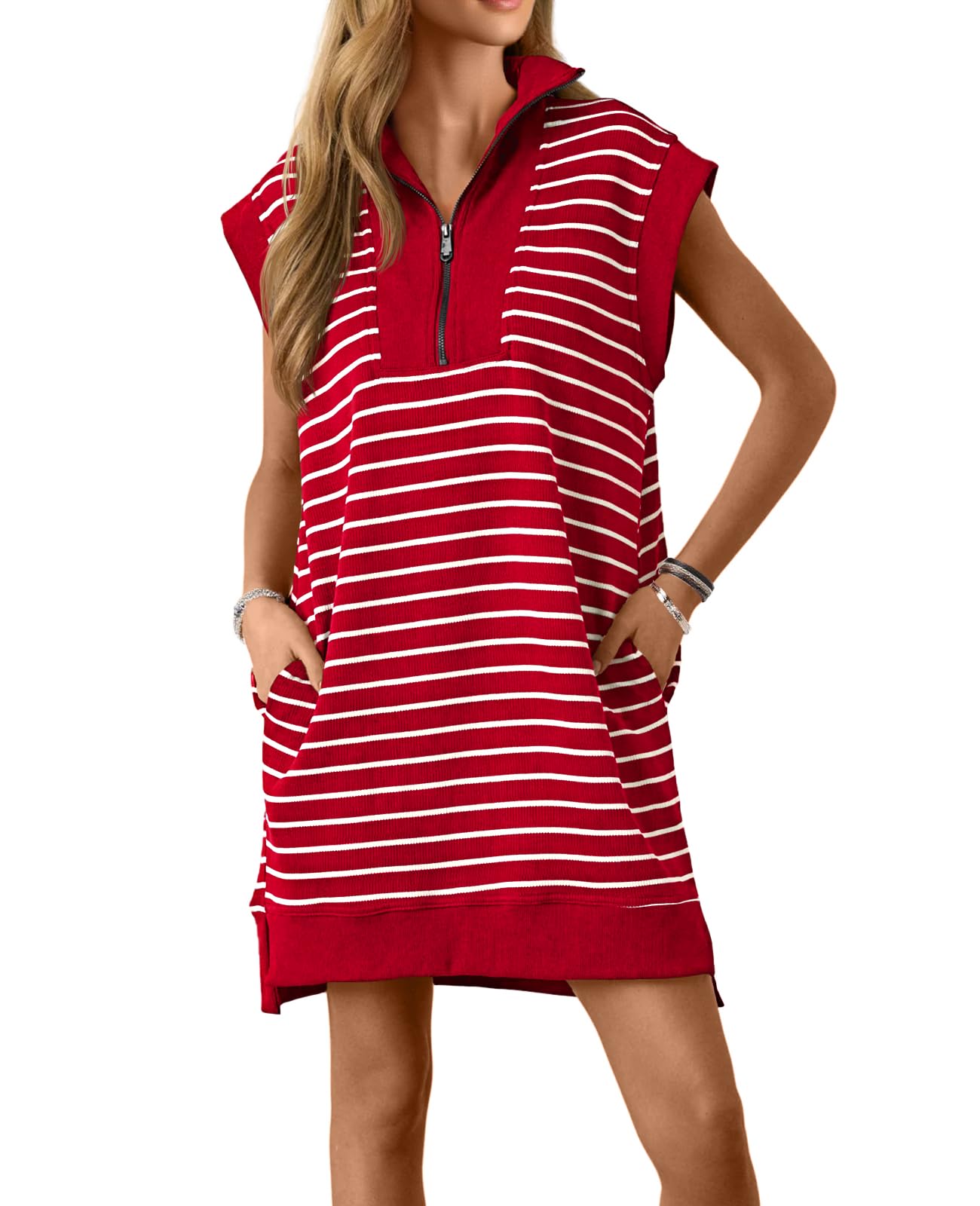 HOT SALE Women's Striped Knit Cap Sleeve Half-Zip Mini Dress
