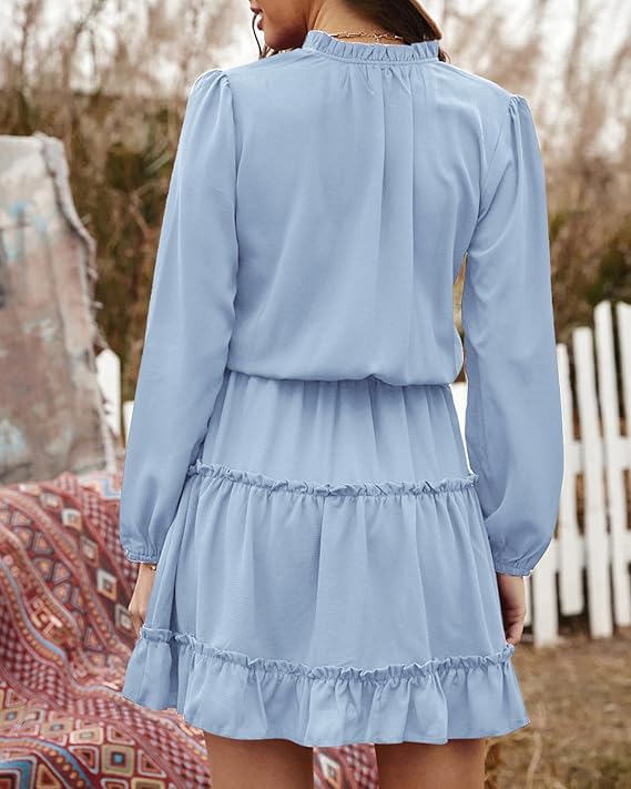 Women's Tie Neck High Waist Layered Ruffle Waist Mini Dress(BUY 2 FREE SHIPPING)