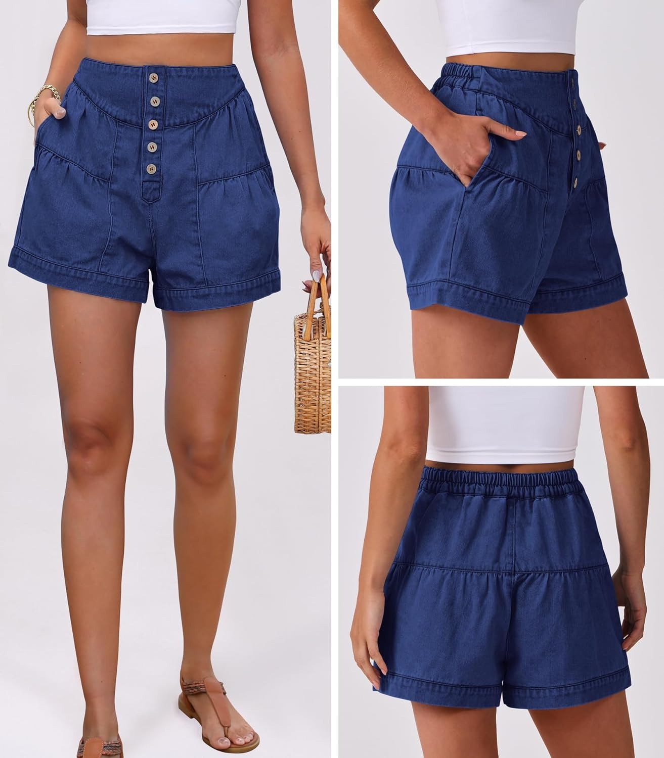 Women's Summer Baggy Flowy Wide Leg Buttons Pleated Denim Shorts