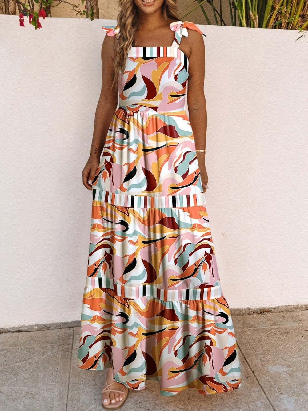 Women's Summer Sleeveless Strap Tie Floral Print Maxi Dress