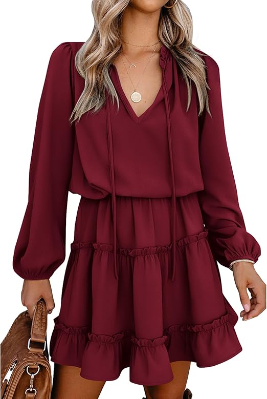 Women's Tie Neck High Waist Layered Ruffle Waist Mini Dress(BUY 2 FREE SHIPPING)